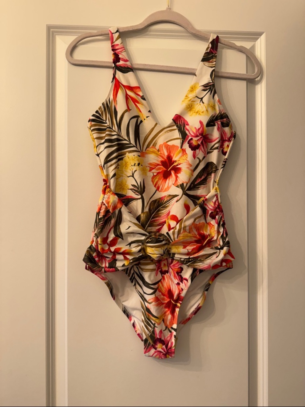 Tropical Floral One-Piece Swimsuit - Cream Base with Pink & Orange Flowers